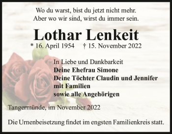 Traueranzeige von Lothar Lenkeit  von Magdeburger Volksstimme