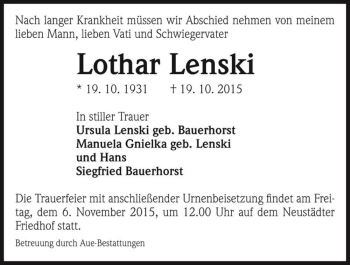 Traueranzeige von Lothar Lenski  von Magdeburger Volksstimme