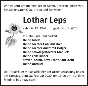 Traueranzeige von Lothar Leps  von Magdeburger Volksstimme