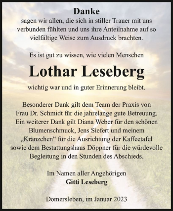 Traueranzeige von Lothar Leseberg  von Magdeburger Volksstimme