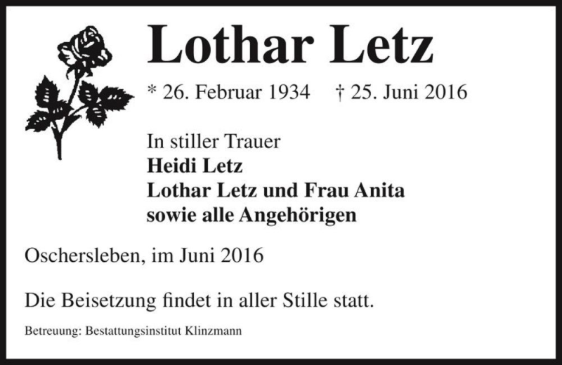  Traueranzeige für Lothar Letz  vom 29.06.2016 aus Magdeburger Volksstimme