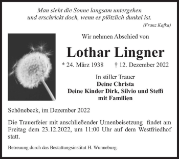 Traueranzeige von Lothar Lingner  von Magdeburger Volksstimme