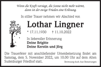 Traueranzeige von Lothar Lingner  von Magdeburger Volksstimme