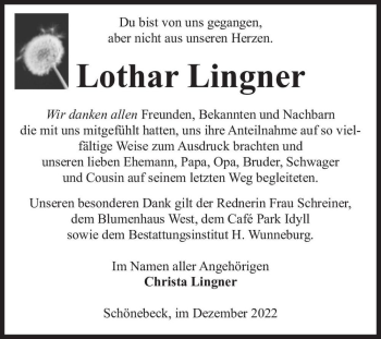Traueranzeige von Lothar Lingner  von Magdeburger Volksstimme