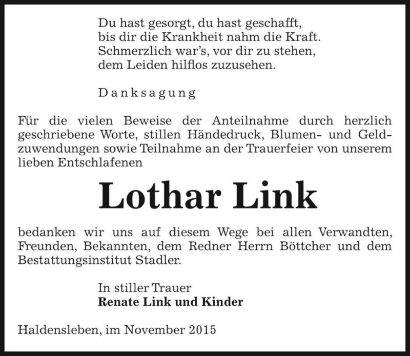  Traueranzeige für Lothar Link  vom 05.12.2015 aus Magdeburger Volksstimme