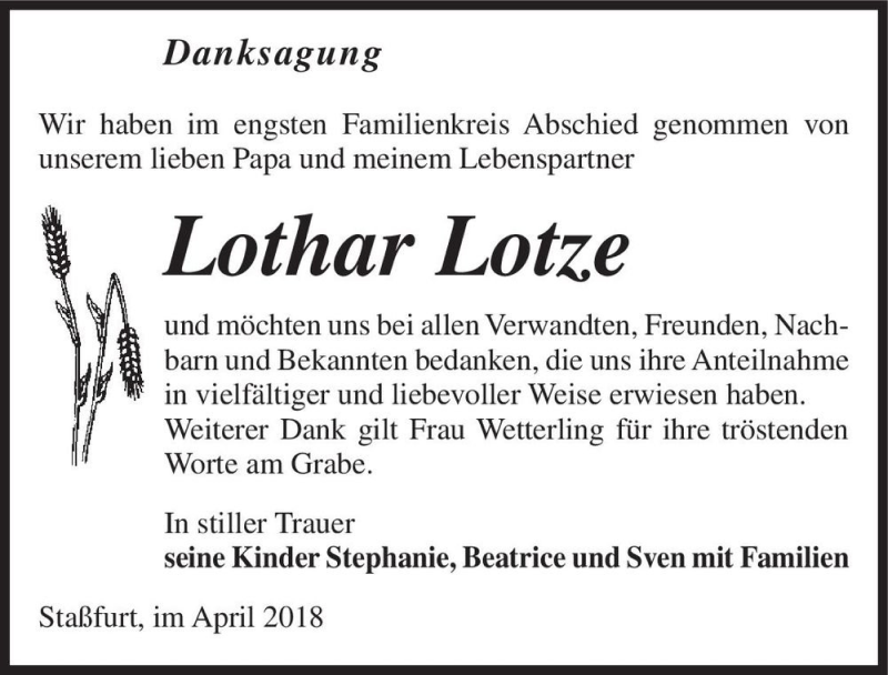  Traueranzeige für Lothar Lotze  vom 07.04.2018 aus Magdeburger Volksstimme