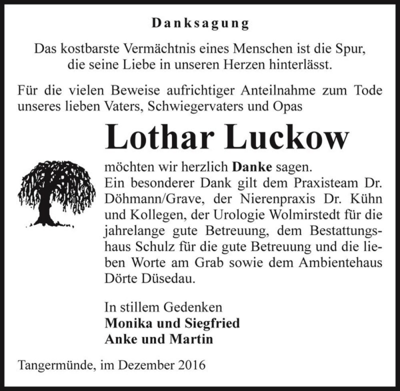  Traueranzeige für Lothar Luckow  vom 01.12.2016 aus Magdeburger Volksstimme
