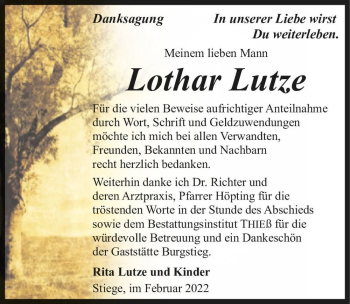 Traueranzeige von Lothar Lutze  von Magdeburger Volksstimme