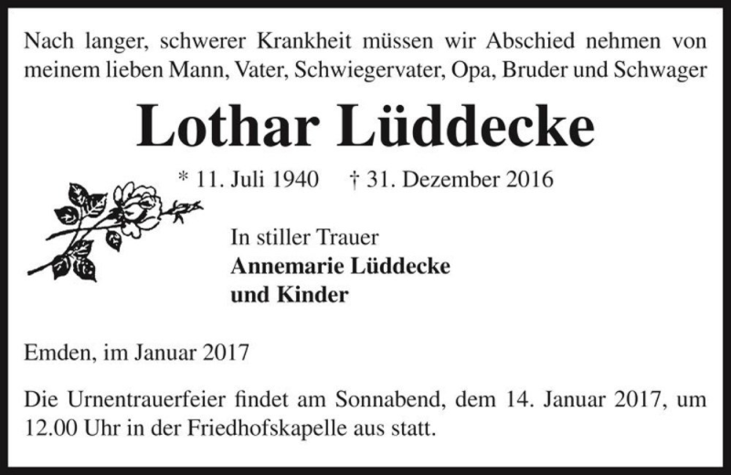  Traueranzeige für Lothar Lüddecke  vom 05.01.2017 aus Magdeburger Volksstimme