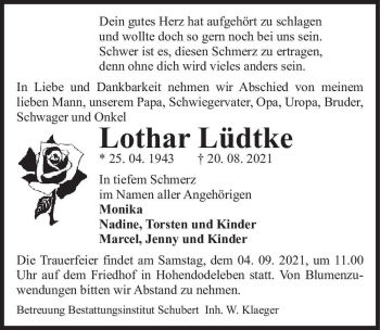 Traueranzeige von Lothar Lüdtke  von Magdeburger Volksstimme