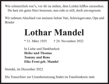 Traueranzeige von Lothar Mandel  von Magdeburger Volksstimme