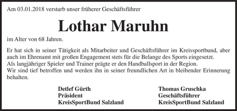  Traueranzeige für Lothar Maruhn  vom 13.01.2018 aus Magdeburger Volksstimme