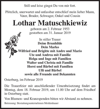 Traueranzeige von Lothar Matuschkiewiz  von Magdeburger Volksstimme