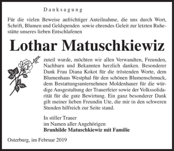 Traueranzeige von Lothar Matuschkiewiz  von Magdeburger Volksstimme