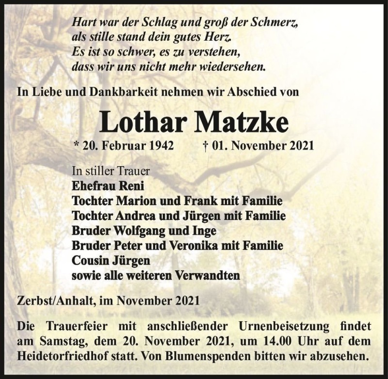  Traueranzeige für Lothar Matzke  vom 06.11.2021 aus Magdeburger Volksstimme