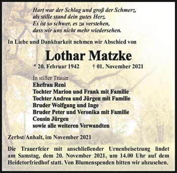 Traueranzeige von Lothar Matzke  von Magdeburger Volksstimme