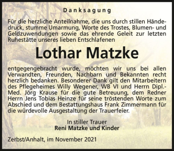 Traueranzeige von Lothar Matzke  von Magdeburger Volksstimme