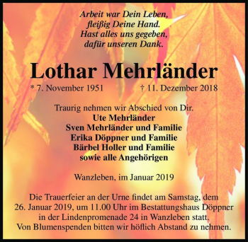 Traueranzeige von Lothar Mehrländer  von Magdeburger Volksstimme