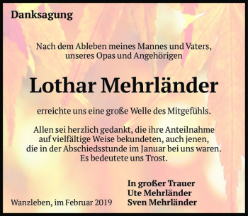 Traueranzeige von Lothar Mehrländer  von Magdeburger Volksstimme