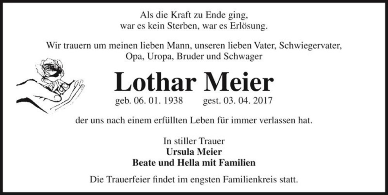  Traueranzeige für Lothar Meier  vom 08.04.2017 aus Magdeburger Volksstimme