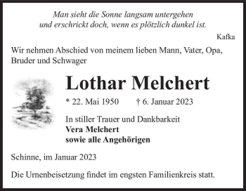 Traueranzeige von Lothar Melchert  von Magdeburger Volksstimme