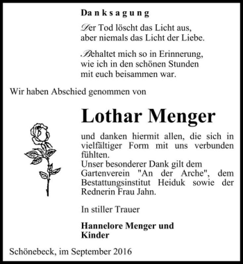 Traueranzeige von Lothar Menger  von Magdeburger Volksstimme