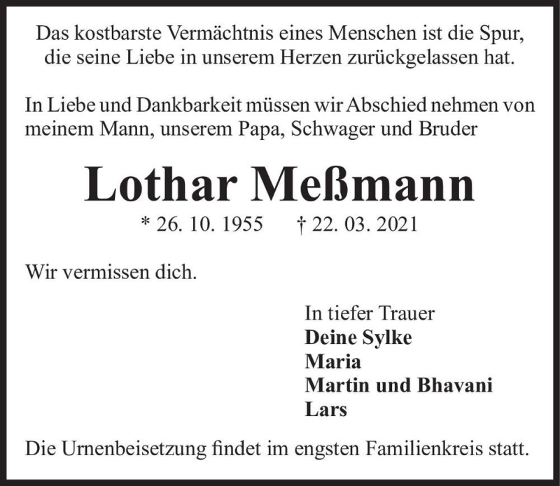  Traueranzeige für Lothar Meßmann  vom 27.03.2021 aus Magdeburger Volksstimme