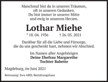 Traueranzeige von Lothar Miehe  von Magdeburger Volksstimme
