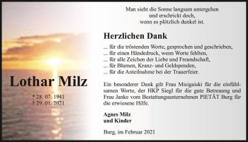 Traueranzeige von Lothar Milz  von Magdeburger Volksstimme