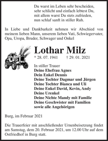 Traueranzeige von Lothar Milz  von Magdeburger Volksstimme