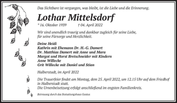 Traueranzeige von Lothar Mittelsdorf  von Magdeburger Volksstimme