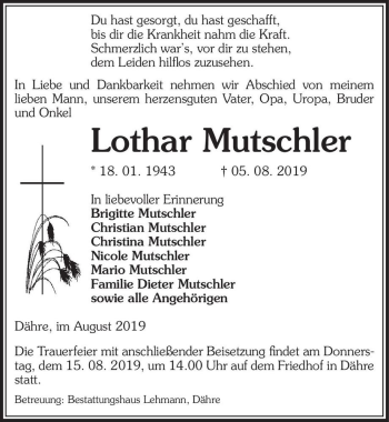 Traueranzeige von Lothar Mutschler  von Magdeburger Volksstimme
