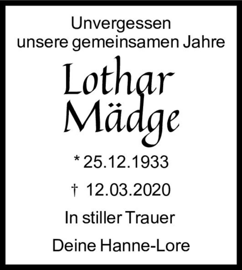  Traueranzeige für Lothar Mädge  vom 11.04.2020 aus Magdeburger Volksstimme