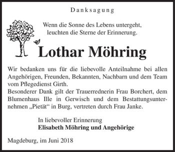 Traueranzeige von Lothar Möhring  von Magdeburger Volksstimme