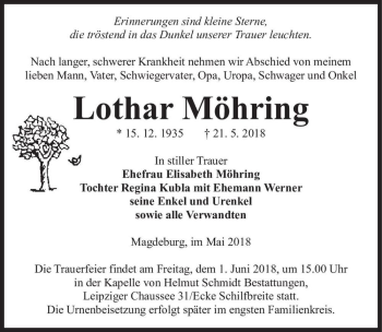 Traueranzeige von Lothar Möhring  von Magdeburger Volksstimme