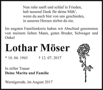 Traueranzeige von Lothar Möser  von Magdeburger Volksstimme
