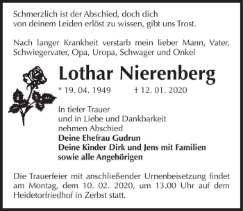 Traueranzeige von Lothar Nierenberg  von Magdeburger Volksstimme