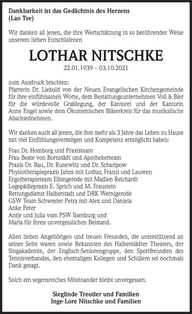  Traueranzeige für Lothar Nitschke  vom 23.10.2021 aus Magdeburger Volksstimme