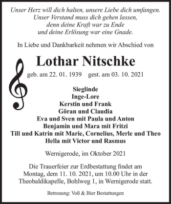 Traueranzeige von Lothar Nitschke  von Magdeburger Volksstimme