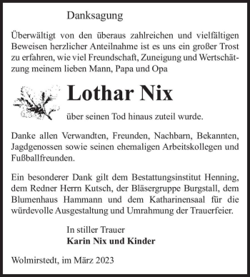 Traueranzeige von Lothar Nix  von Magdeburger Volksstimme