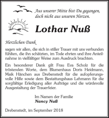 Traueranzeige von Lothar Nuß  von Magdeburger Volksstimme