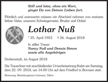Traueranzeige von Lothar Nuß  von Magdeburger Volksstimme