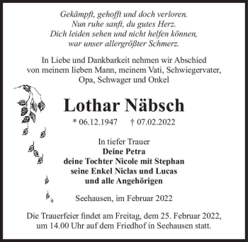 Traueranzeige von Lothar Näbsch  von Magdeburger Volksstimme