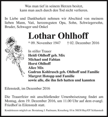 Traueranzeige von Lothar Ohlhoff  von Magdeburger Volksstimme