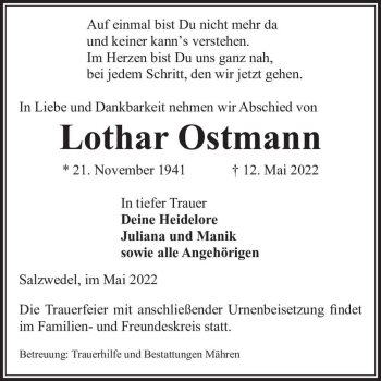 Traueranzeige von Lothar Ostmann  von Magdeburger Volksstimme