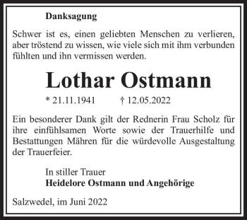Traueranzeige von Lothar Ostmann  von Magdeburger Volksstimme