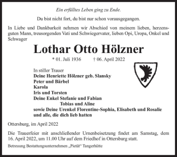 Traueranzeige von Lothar Otto Hölzner  von Magdeburger Volksstimme
