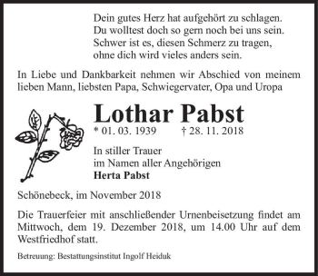 Traueranzeige von Lothar Pabst  von Magdeburger Volksstimme