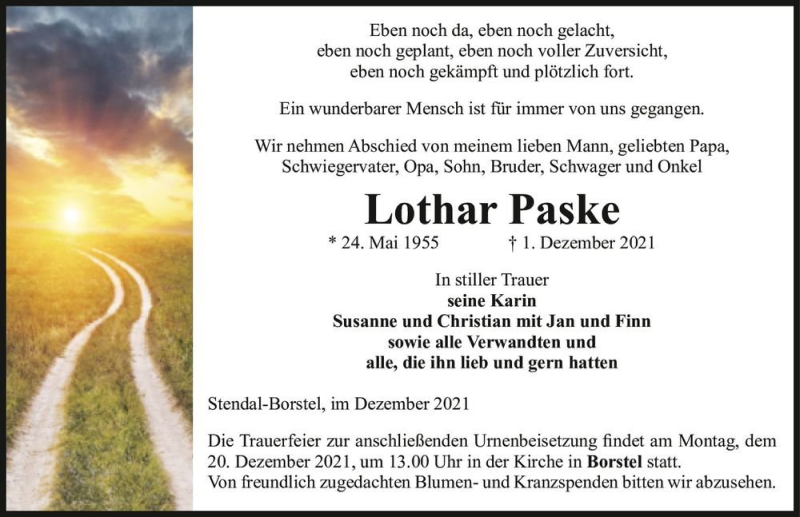  Traueranzeige für Lothar Paske  vom 11.12.2021 aus Magdeburger Volksstimme