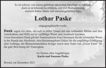 Traueranzeige von Lothar Paske  von Magdeburger Volksstimme